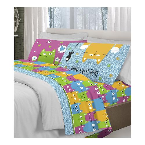 Savoltex Completo letto una piazza cotone PENSIERI Happycat multicolore