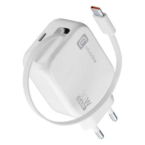Cellular Line Caricabatterie USB Type-C RETRACTABLE 30W GaN White ACHROLLUSBCGAN30WW