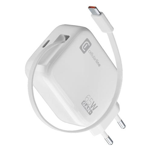 Cellular Line Caricabatterie USB Type-C RETRACTABLE 65W GaN White ACHROLLUSBCGAN65WW