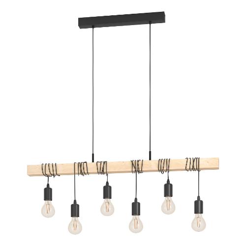 Eglo Sospensione TOWNSHEND Nero e Legno (100x10x110cm) 55242 6 luci - E27 - Max 360W