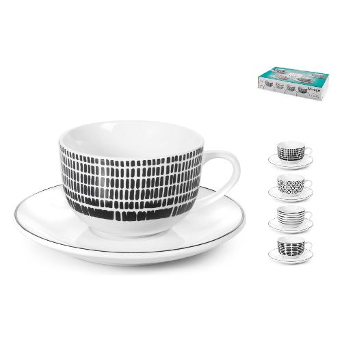H&H Set tazze te con piatto 4 pz (210ml) MIRAGE Bianco e Nero 8034393