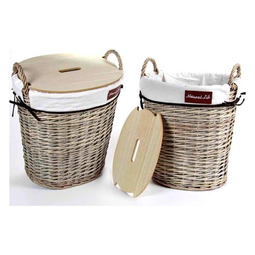 Gicos Porta biancheria Vimini (50x37x53cm) ovale con coperchio legno Naturale e Bianco 933356