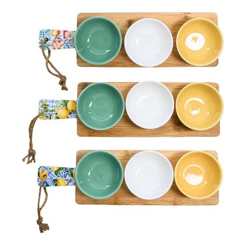Mercury Set coppette Ceramica 3 pz con vassoio bamboo 41x12 cm Assortito 05885