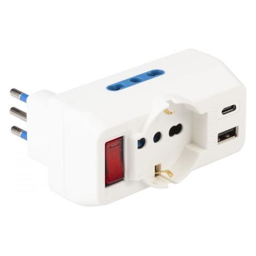 Poly Pool Adattatore con interruttore 2 prese 2P+T 10/16A bipasso italiano, 1 presa 2P+T 10/16A, pluristandard italiano e tedesco, 1 presa USB A e 1 USB C Bianc