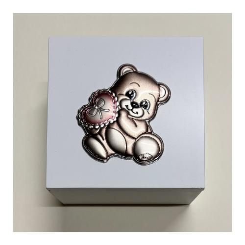 Geo's Cofanetto legno con decoro laminato argento (10x10x6cm) ORSETTO Silver e Rosa 4007 17Q 