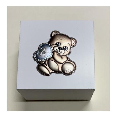 Geo's Cofanetto legno con decoro laminato argento (10x10x6cm) ORSETTO Silver e azzurro 4006 17Q 