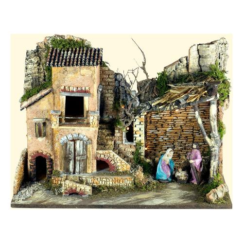 Rossi Rosa Natività con paesaggio e luci (50x26x35cm) Legno, Sughero, Muschio, Cartone 82403