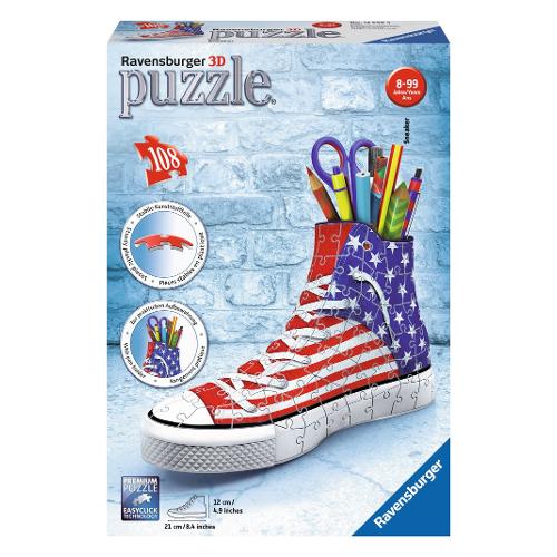 Puzzle 3D portapenne a forma di sneakers, di scatole e di vaso colorato