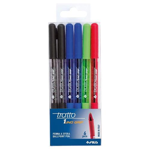 Fila Set penne a sfera apertura rotazione 6 pz tratto Medio - 0,5 mm TRATTO UNO GRIP assortito 828800