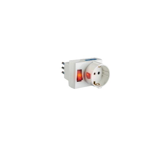 Poly Pool Adattatore con spina 10A e interruttore 2 prese 2P+T 10A e 1 presa  2P+T (std italiano 10A e tedesco 16A terra laterale) SALVASPAZIO Bianco PP2380