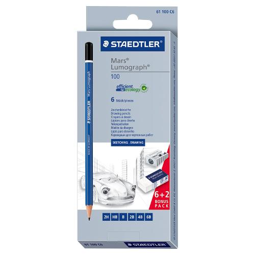 Staedtler Set matite grafite gradazione 2H, HB, B, 2B, 4B, 6B sezione esagonale 6 pz con accessori LUMOGRAPH 61100C6