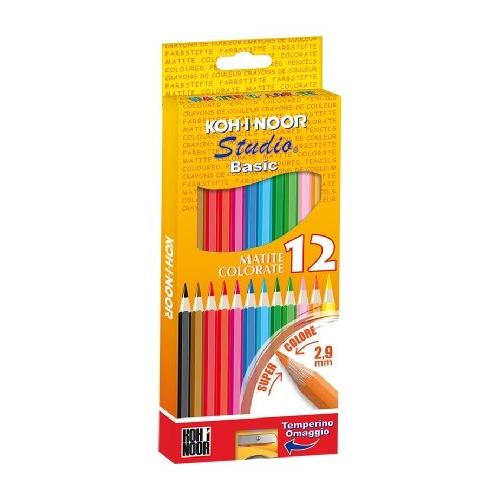 Koh I Noor Set matite colorate classiche sezione esagonale 12 pz con temperino STUDIO BASIC Colori assortiti DH3312
