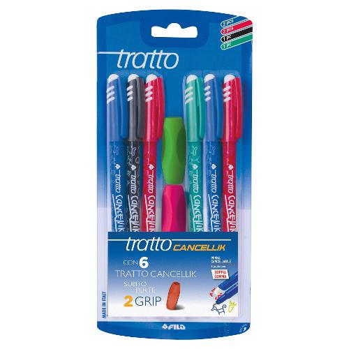 Fila Set penne cancellabili sfera cappuccio 6 pz tratto Fine - 0,4 mm con 2 gommini grip TRATTO CANCELLIK Colori assortiti 040900