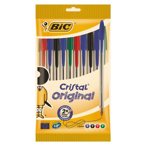 Bic Set penne a sfera cappuccio 10 pz tratto Medio - 1,0 mm Original CRISTAL Nero, blu, verde,rosso 830865