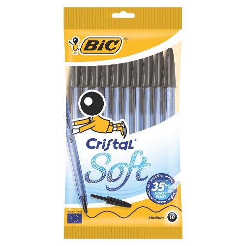 Bic Set penne a sfera cappuccio 10 pz tratto Medio - 1,2 mm Soft CRISTAL Nero Easy glide 918531