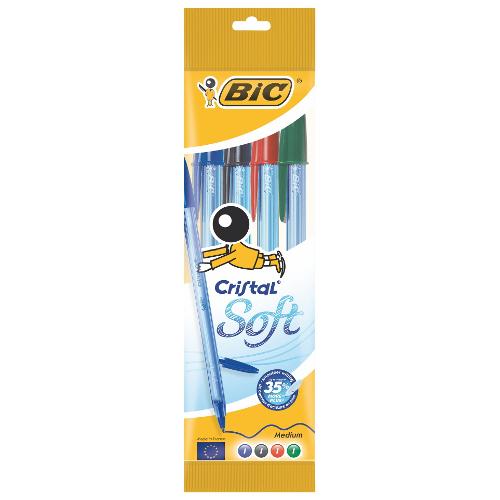 Bic Set penne a sfera cappuccio 4 pz tratto Medio - 1,2 mm Soft CRISTAL Nero, blu, verde,rosso 918530