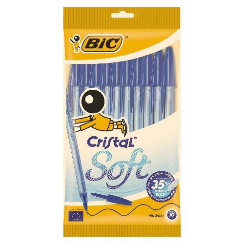 Bic Set penne a sfera cappuccio 10 pz tratto Medio - 1,2 mm Soft CRISTAL Blu Easy glide 918532
