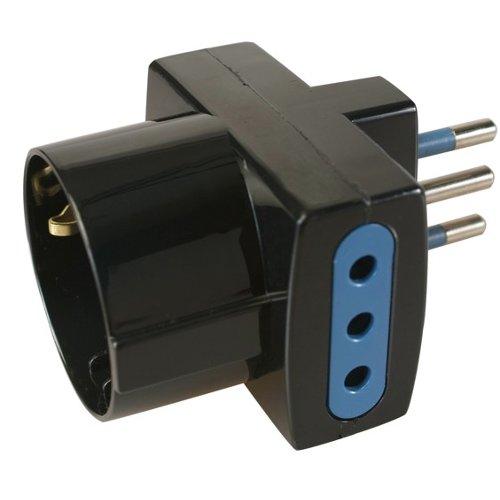 Poly Pool Adattatore con spina italiana 10A 2 prese 2P+T 10A e 1 presa  2P+T (std italiano 10A e tedesco 16A terra laterale) Nero PP0467 1