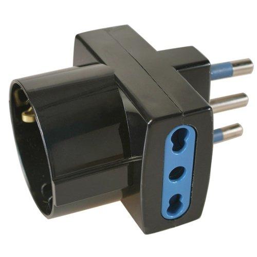 Poly Pool Adattatore con spina italiana 16A 2 prese 2P+T 10/16A bipasso italiano e 1 presa 2P+T (std italiano 10A e tedesco 16A terra laterale) Nero PP0468 1